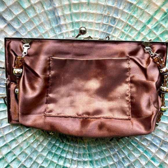 Formal vintage evening bag brown satin, sparkling sequins, beads- special events - Picture 8 of 9
